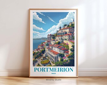 Impresión artística de Portmeirion, Gales: póster de viaje de Portmeirion, impresión de un pueblo mediterráneo de Gales, regalo para viajeros