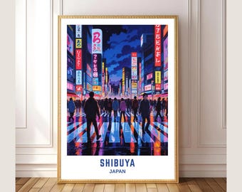 渋谷交差点 日本 ウォールアートプリント - ネオン東京都市景観 デジタルポスター、日本の夜景イラスト、モダンアーバンホームデコレーション