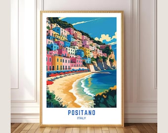 Positano Italy Coastal Wall Art – Colorful Amalfi Coast Print, Mediterranean Beach House Decor, Italian Seaside Travel Poster