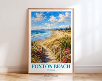Foxton Beach New Zealand Travel Poster Print, Coastal Beach Wall Art, New Zealand Ocean Landscape Decor, Vintage Beach Poster