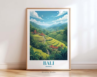 Bali Indonesia Travel Poster – Indonesia Tropical Landscape Wall Art, Bali Nature Artwork Home Decor for Travel Gift