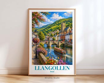 Llangollen Wales Travel Poster, Welsh Countryside Wall Art, River Town Print, Vintage Wales Decor, UK Travel Poster, Canal Boat Artwork