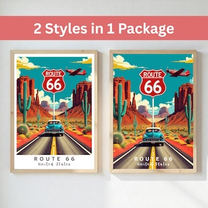 Route 66 United States Printable Wall Art – Retro Car Poster – Vintage Travel Artwork – Digital Download – Desert Landscape Print