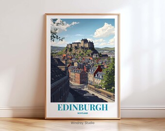 Plakat podróżniczy z zamkiem w Edynburgu – Vintage Scotland Travel, wydruk z pejzażem miejskim Szkocji, prezent do domu
