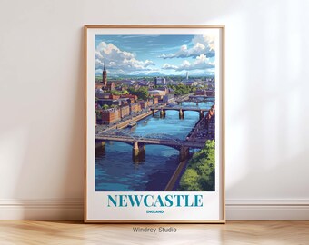 Väggkonsttryck i Newcastle, England | Reseaffisch, stadssilhuett, heminredning | Konstverk med nattbro i Newcastle, resegåva