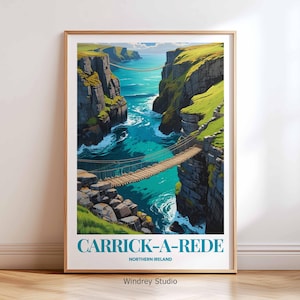Carrick-a-Rede Rope Bridge Travel Wall Art – Northern Ireland Travel Poster | Coastal Landscape Printable | Cliff Ocean View Gift
