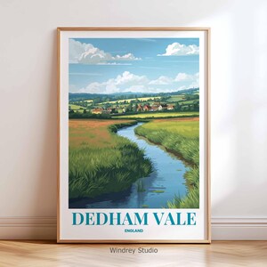 Lámina de viaje de Dedham Vale, Inglaterra: póster de viaje con paisaje de la campiña inglesa, decoración de pared estilo vintage con prado y río