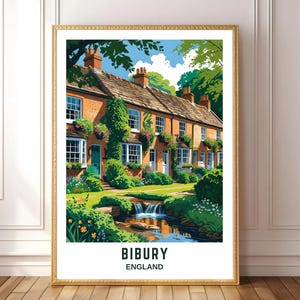 Bibury England Wall Art Print – Cotswolds Village Houses, English Countryside Landscape, Vintage Travel Poster Illustration