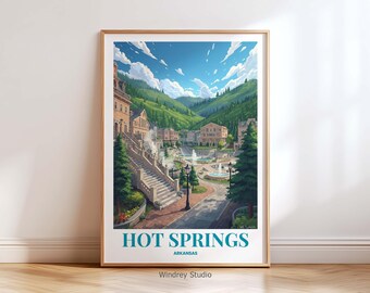 Art mural du parc national de l'Arkansas, affiche de paysage de sources chaudes, impression de voyage de sources chaudes rétro, cadeau aventure en plein air