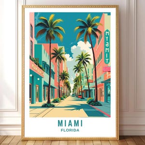 Miami Beach Wall Art, Retro Florida Travel Poster, Tropical Palm Tree Street Print, Art Deco Cityscape, Vintage Miami Decor Digital Download