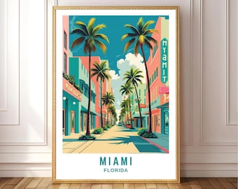 Miami Beach Wall Art, Retro Florida Travel Poster, Tropical Palm Tree Street Print, Art Deco Cityscape, Vintage Miami Decor Digital Download