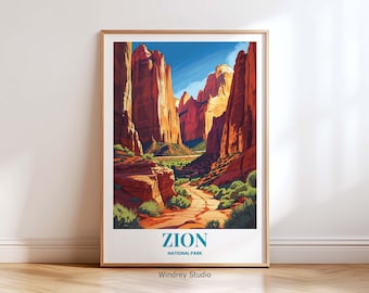 Zion National Park United States Wall Art Travel Poster - Zion Desert Canyon Landscape Print, Southwest Nature Artwork Travel Gift