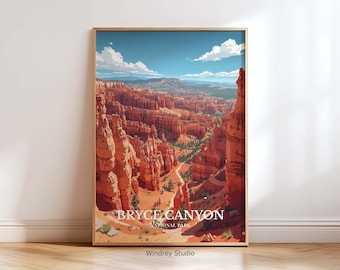 Bryce Canyon National Park Travel Poster – Vintage Style Canyon Landscape Travel Wall Art, Utah Desert Illustration Print Travel Gift