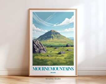 Stampa artistica da parete con i Monti Mourne in Irlanda – Poster di viaggio con paesaggi irlandesi – Decorazione per le montagne dell'Irlanda del Nord – Regalo per escursioni in stile vintage