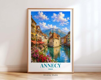 Annecy France Travel Poster | Annecy Wall Art Print | French Alps Canal Decor | Vintage France Travel Poster | Colorful European City Art