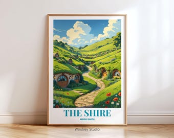 Das Auenland Reiseplakat - Hobbiton Wandkunst, Mittelerde Landschaft Reise Illustration, Fantasy Wohnkultur Geschenk