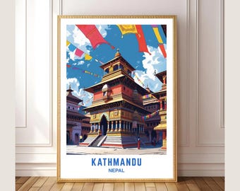 Kathmandu Nepal Travel Poster Print – Vintage Temple Wall Art, Colorful Cityscape Illustration, Digital Download Home Decor