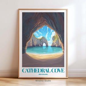 Stampa artistica da parete Cathedral Cove, Nuova Zelanda - Poster di viaggio in Nuova Zelanda, opera d'arte con paesaggio di spiaggia, regalo da viaggio con decorazione da parete Cathedral Cove