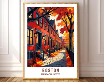 Boston Fall Street Scene United States Wall Art – Autumn City Print, Historic Townhouse Illustration, Cozy Urban Decor, Printable Art