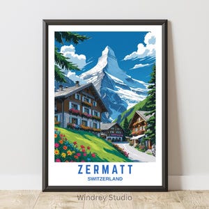 Zermatt Switzerland Wall Art Print, Matterhorn Travel Poster, Swiss Alps Landscape Vintage Style Home Decor Travel Gift