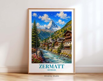 Zermatt Switzerland Travel Print, Zermatt Wall Art, Vintage Switzerland Travel Poster, Alpine Mountain Decor Print, Gift for Travel Lovers