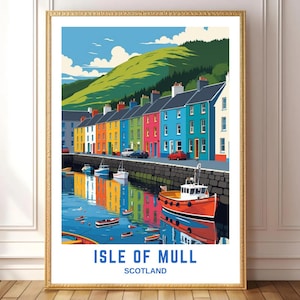 Isle of Mull Scotland Wall Art – Colorful Coastal Houses and Fishing Boats Print, Tobermory Harbour Travel Poster, Scottish Landscape Decor