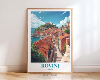 Plakat podróżniczy Rovinj Chorwacja – wydruk ścienny z motywem Chorwacji, kolorowa dekoracja ścienna Europy, sztuka podróżnicza w stylu vintage
