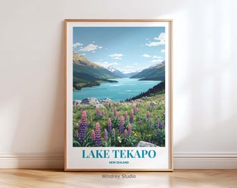 Lake Tekapo New Zealand Travel Wall Art Print | Lupins Flower Landscape Poster | Mountain Lake Scenic Lake Tekapo Travel Gift
