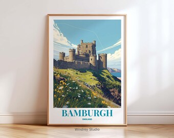 Plakat z zamkiem Bamburgh – Anglia, nadmorski zamek, zabytkowy wydruk podróżniczy z Bamburgh, prezent artystyczny dla podróżnika z Northumberland