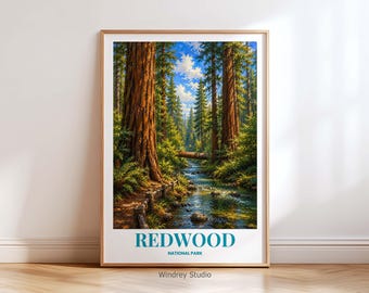 Redwood National Park Travel Poster | Redwood Forest Wall Art Print | California Nature Decor | Vintage Redwood National Park Poster