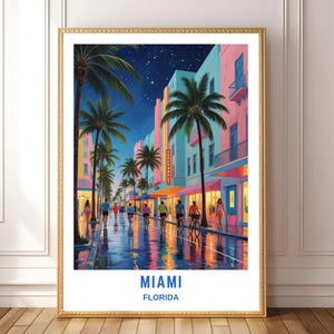 Affiche de scène de nuit de Miami Beach Ocean Drive, art mural rétro Art déco rue palmier, paysage urbain côtier de la Floride art mural téléchargement numérique