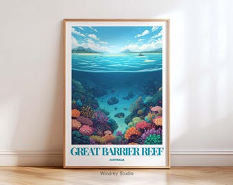 Great Barrier Reef Australia Wall Art Print – Coastal Great Barrier Reef Landscape Travel Poster Australia Gift