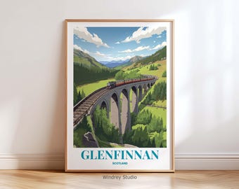 Glenfinnan Viaduct Scotland Wall Art Print – Vintage Glenfinnan Viaduct Travel Poster Steam Train Print | Scottish Highlands Travel Gift