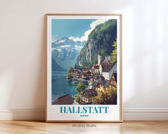 Lámina de arte mural de Hallstatt, Austria: póster vintage de viaje a Hallstatt, Austria, obra de arte de un pueblo lacustre europeo, regalo de viaje a las montañas alpinas