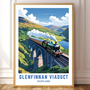 Glenfinnan Viaduct Scotland Wall Art – Vintage Train Travel Poster, Scottish Highlands Landscape Print, Railway Bridge Art, Digital Download