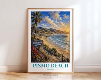 Pismo Beach California Travel Poster, Coastal Wall Art Print, Vintage Style Beach Decor, California Ocean Landscape, Sunset Seaside Artwork