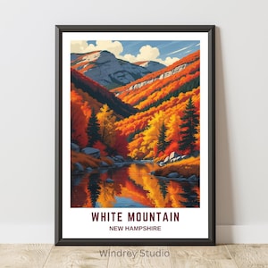White Mountain New Hampshire Wand Kunst Druck - Vintage Stil Landschaft Reise Poster, Herbstlaub Berg Dekor | Reisegeschenk