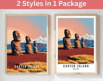 Easter Island Wall Art Set – Moai Statues Vintage Travel Print – 2 Printable Poster Styles – Chile Landscape Digital Download Decor