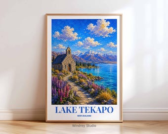 Lake Tekapo New Zealand Travel Print | Lake Tekapo Wall Art | Vintage New Zealand Travel Poster | Alpine Lake Decor | Gift for Travel Lovers