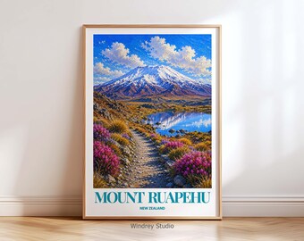 Mount Ruapehu New Zealand Travel Poster, Vintage Style Wall Art Print, Scenic Mountain Landscape Decor, NZ Poster Gift