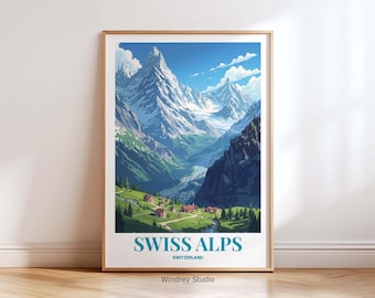 Wall Art Print Zwitserse Alpen | Reisposter berglandschap Zwitserland | Schilderachtige woondecoratie alpenchalet | Muurposter natuurfotografie