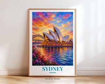 Sydney Australia Travel Poster | Sydney Opera House Wall Art | Colorful Harbor Cityscape Print | Australian Coastal Decor