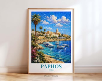 Paphos Cyprus Travel Print | Paphos Wall Art | Vintage Cyprus Travel Poster | Greek Island Style | Gift for Travel Lovers
