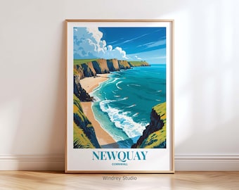Arte mural de viaje costero de Newquay, Cornualles: Impresión playera estilo póster de viaje vintage de Newquay, obra de arte retro de acantilado oceánico para inauguración de la casa.