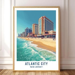 Puede incluir: Una impresión artística enmarcada de Atlantic City, Nueva Jersey, que presenta una escena de playa con olas turquesas, arena dorada y edificios altos bajo un cielo azul claro. El texto "ATLANTIC CITY NEW JERSEY" se muestra en la parte inferior.