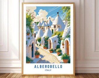 Alberobello Italy Trulli Houses Poster – Vintage Travel Wall Art, Puglia Print, Italian Village Decor, Mediterranean Landscape