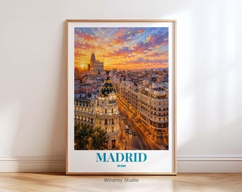 Madrid Spain Travel Poster, Madrid Wall Art Print, Spain Cityscape Decor, European Travel Artwork, Sunset City Poster, Vintage Madrid Print