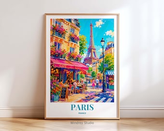 Paris France Travel Poster | Eiffel Tower Wall Art | Paris Cafe Print | Vintage Paris Street Decor | Colorful France Travel Art