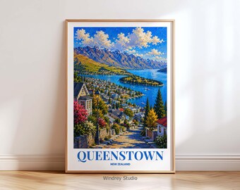 Queenstown New Zealand Travel Print | Queenstown Wall Art | Vintage New Zealand Travel Poster | Mountain Lake Decor | Gift for Travel Lovers