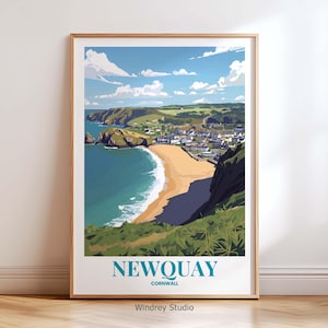 Newquay Cornwall Wall Art Print – Coastal Beach Poster, Ocean Cliff Landscape Travel Artwork, UK Seaside Home Decor
